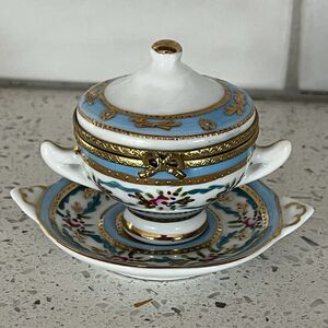Porcelain Trinket Box Hinged Hand Painted w/ Saucer Dish Jewelry Ring Light Blue